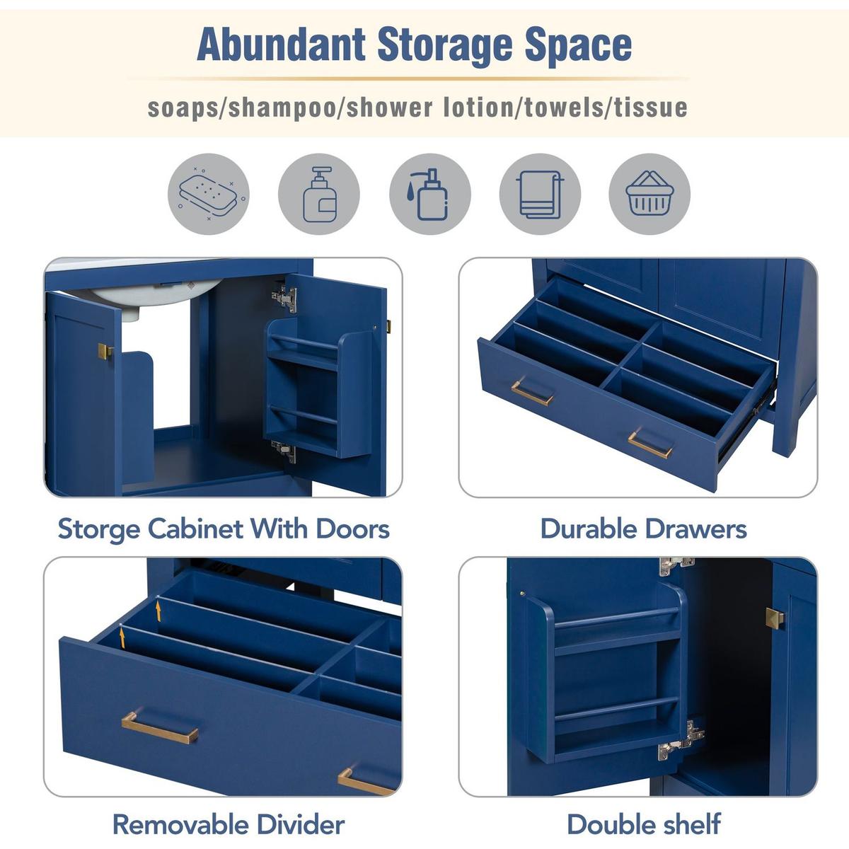 30" Blue Bathroom Vanity with Single Sink, Combo Cabinet Undermount Sink, Bathroom Storage Cabinet with 2 Doors and a Drawer, Soft Closing, Multifunctional Storage, Solid Wood Frame