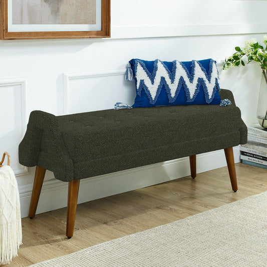 Modern living room bench, made of looped yarn fabric, with soft cushion, irregular geometric armrests, and rubber wooden legs, suitable for living rooms, bedrooms, and entrances-green