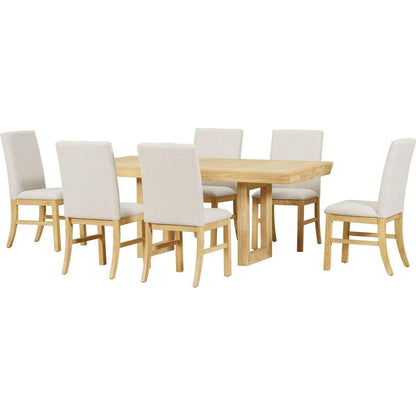 Traditional 7-Piece 72" Extendable Dining Table Set with 12inch Butterfly Leaf and 6 Upholstered Dining Table Set, Natural