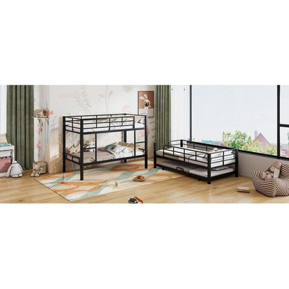 Metal Twin Size Triple Bunk Bed With Trundle, Black
