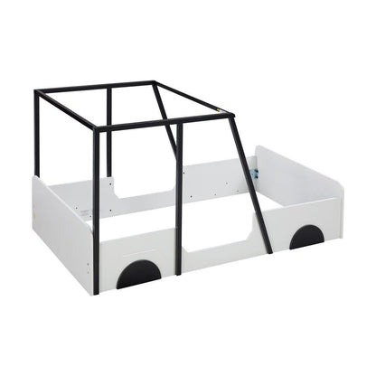 Twin Size Car-shaped Bed with Roof,Wooden Twin Floor Bed with wheels and door Design,Montessori Inspired Bedroom,Black