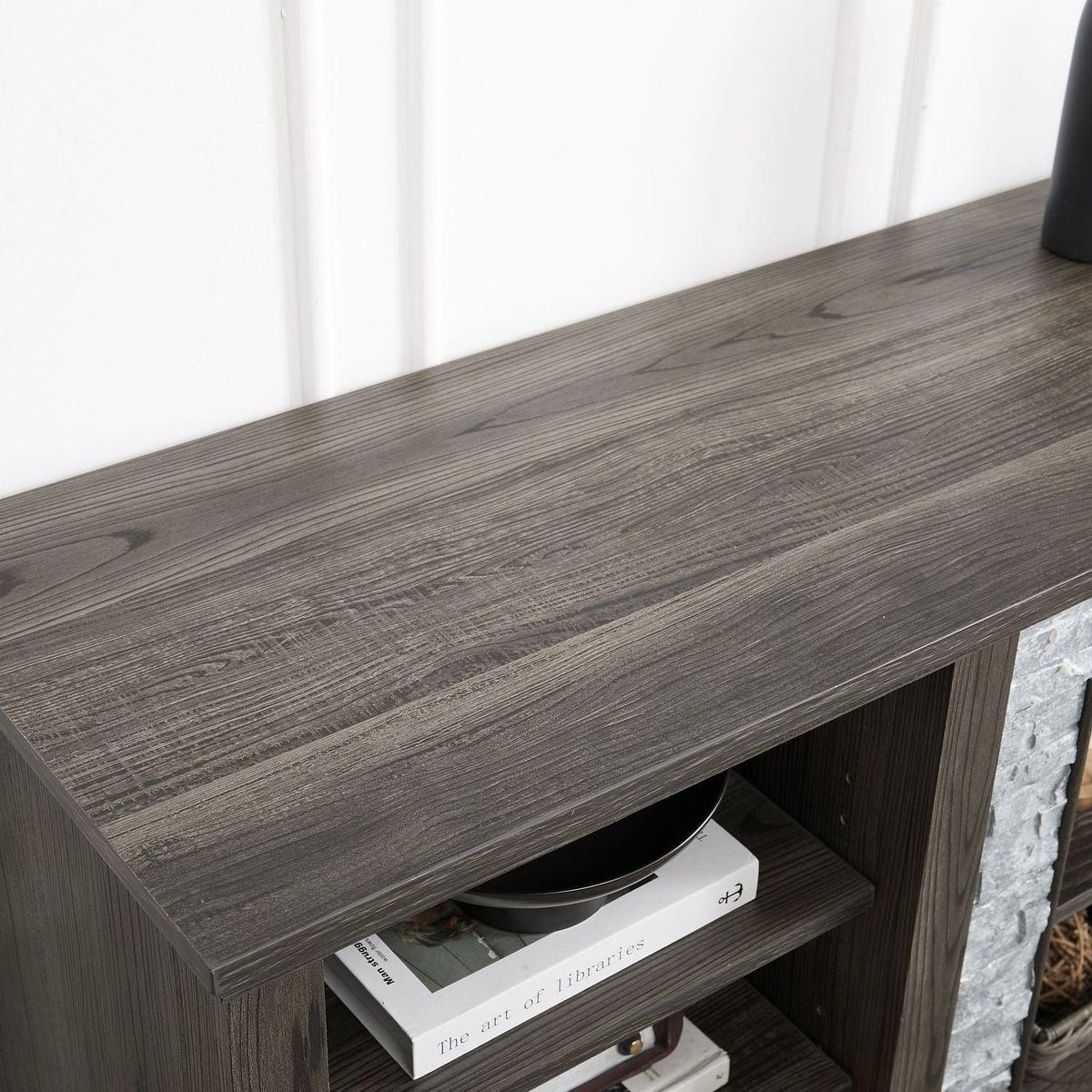 Large TV Stand TV Desk Storage Rack with Faux Stacked Stone Surround,Media Console Table with Large Storage Cabinet,Modern TV Media Entertaionment Stand,GREY, 70.12"Wx15.35"Dx25.83"H