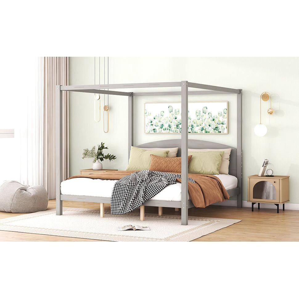 King Size Canopy Platform Bed with Headboard and Support Legs, Grey Wash