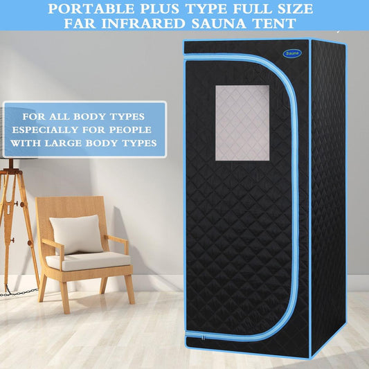 Portable Plus Type Full Size Far Infrared Sauna tent. Spa, Detox, Therapy and Relaxation at home.Larger Space,Stainless Steel Pipes Connector Easy to Install.FCC Certification--Black(Blue binding)