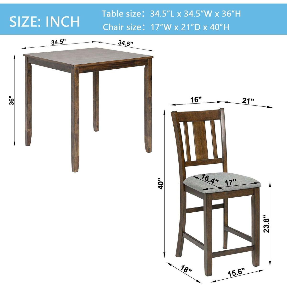 5 Piece Dining Table Set, Wooden Dining Square Table Set for 4, Counter Height Kitchen Table Set with Square Table and 4 Upholstered Chairs for Small Space, Walnut