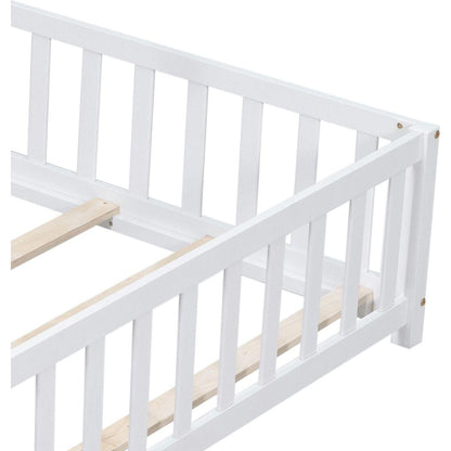 Full Size Floor Platform Bed with Fence and Door for Kids, Montessori Floor Bed Frame with Support Slats for Toddlers, Wooden Floor Bed White