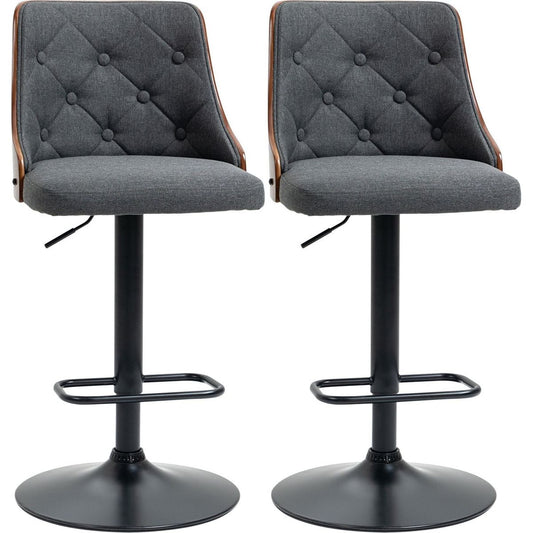 Counter Height Bar Stools Set of 2, Height Adjustable Swivel Barstools with Footrest and Tufted Back, Linen Fabric Bar Chairs, Dark Grey