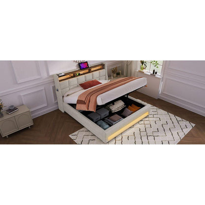 Queen size Upholstered Platform bed with a Hydraulic Storage System, LED and USB Charging, Natural (without mattress)