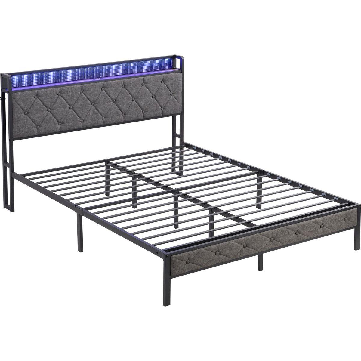 Full Bed Frame with Storage Headboard, Charging Station and LED Lights, Upholstered Platform Bed with Heavy Metal Slats, No Box Spring Needed, Noise Free, Easy Assembly, Dark Gray