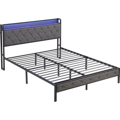 Full Bed Frame with Storage Headboard, Charging Station and LED Lights, Upholstered Platform Bed with Heavy Metal Slats, No Box Spring Needed, Noise Free, Easy Assembly, Dark Gray