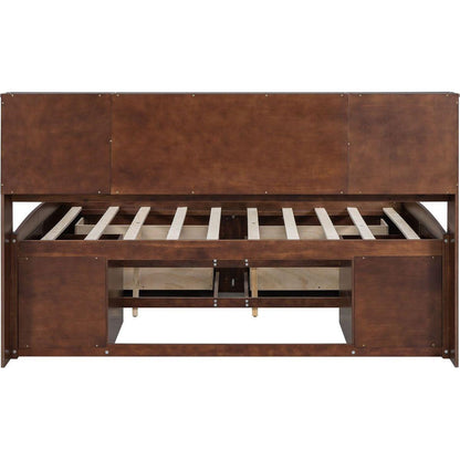 Full Size Wooden Captain Bed with Built-in Storage Shelves, 4 Drawers and 2 Cabinets, Antique Brown