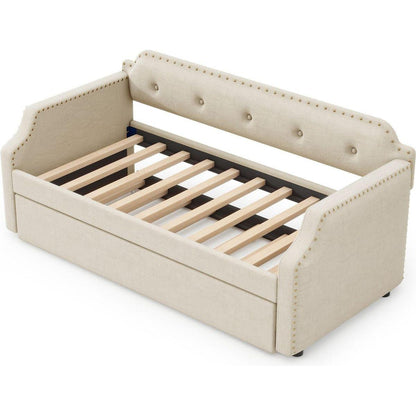 Upholstered Daybed with Trundle, Wood Slat Support,Upholstered Frame Sofa Bed, Twin, Beige