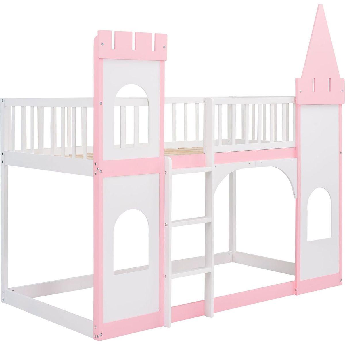 Twin Over Twin Castle Bunk Bed with Ladder - Pink