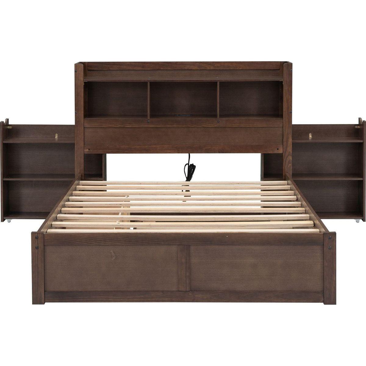 Full Size Storage Platform Bed with Pull Out Shelves, Twin Size Trundle and 2 Drawers, Espresso
