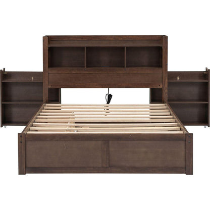Full Size Storage Platform Bed with Pull Out Shelves, Twin Size Trundle and 2 Drawers, Espresso