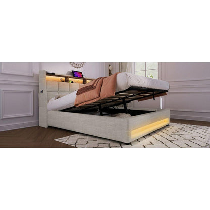 Queen size Upholstered Platform bed with a Hydraulic Storage System, LED and USB Charging, Natural (without mattress)