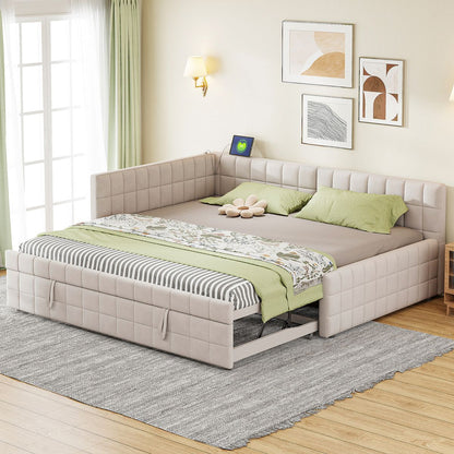 Full Size Upholstered L-Shaped Upholstered Daybed with Twin
Size Pop Up Trundle and USB ports, Beige