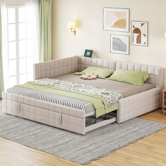Full Size Upholstered L-Shaped Upholstered Daybed with Twin
Size Pop Up Trundle and USB ports, Beige