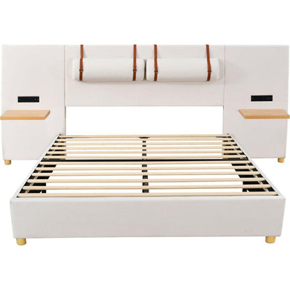 Queen Size Upholstered Platform Bed, Two Outlets and USB Charging Ports on Both Sides, Two Bedside Pillows, Storage Shelves,Velvet, Beige