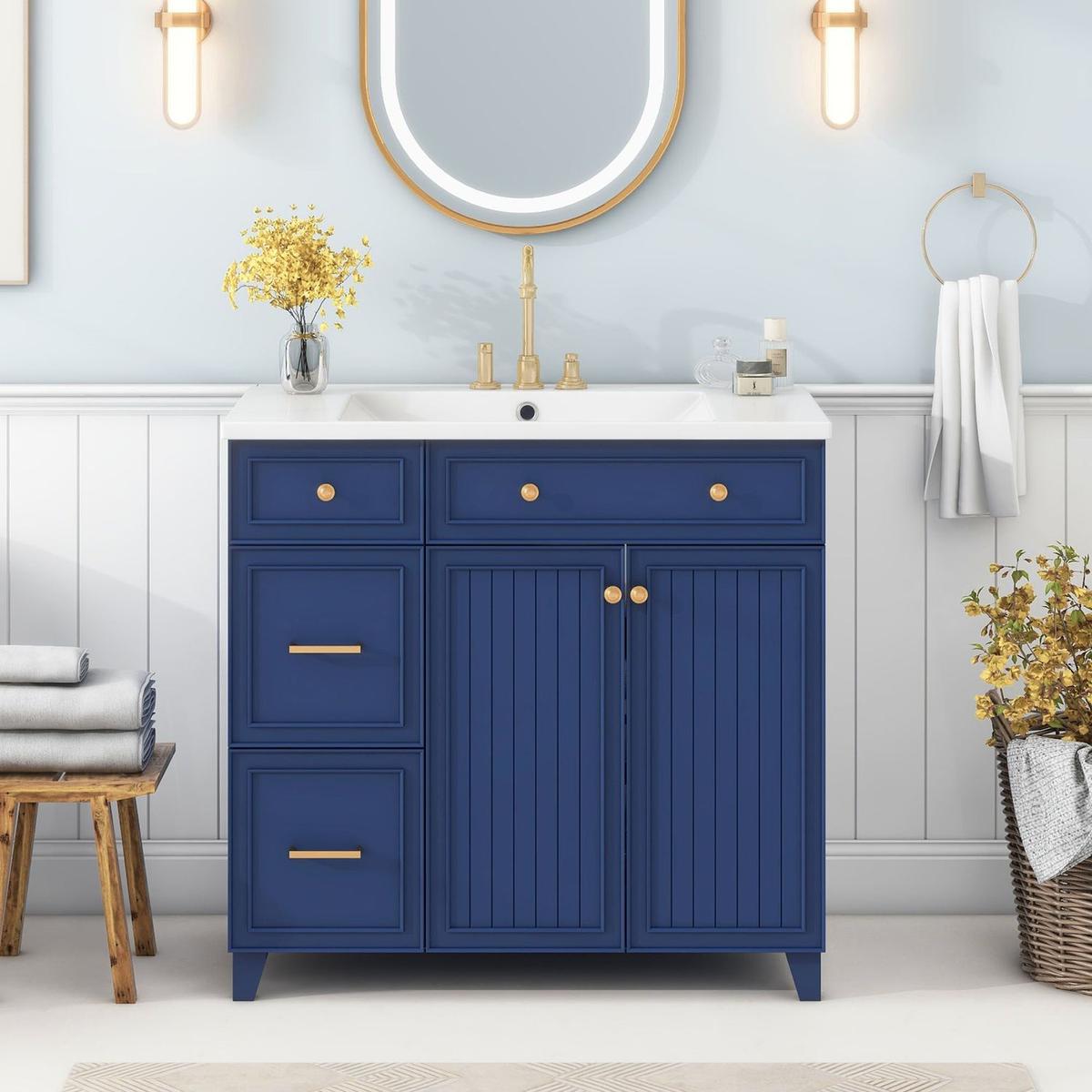 36-inch Bathroom Vanity, Transitional Style Bathroom Cabinet with Resin Sink, Navy Blue Single Bathroom Cabinet, with 2 Drawers and 1 Adjustable Storage Shelf, 2 Soft-close Doors