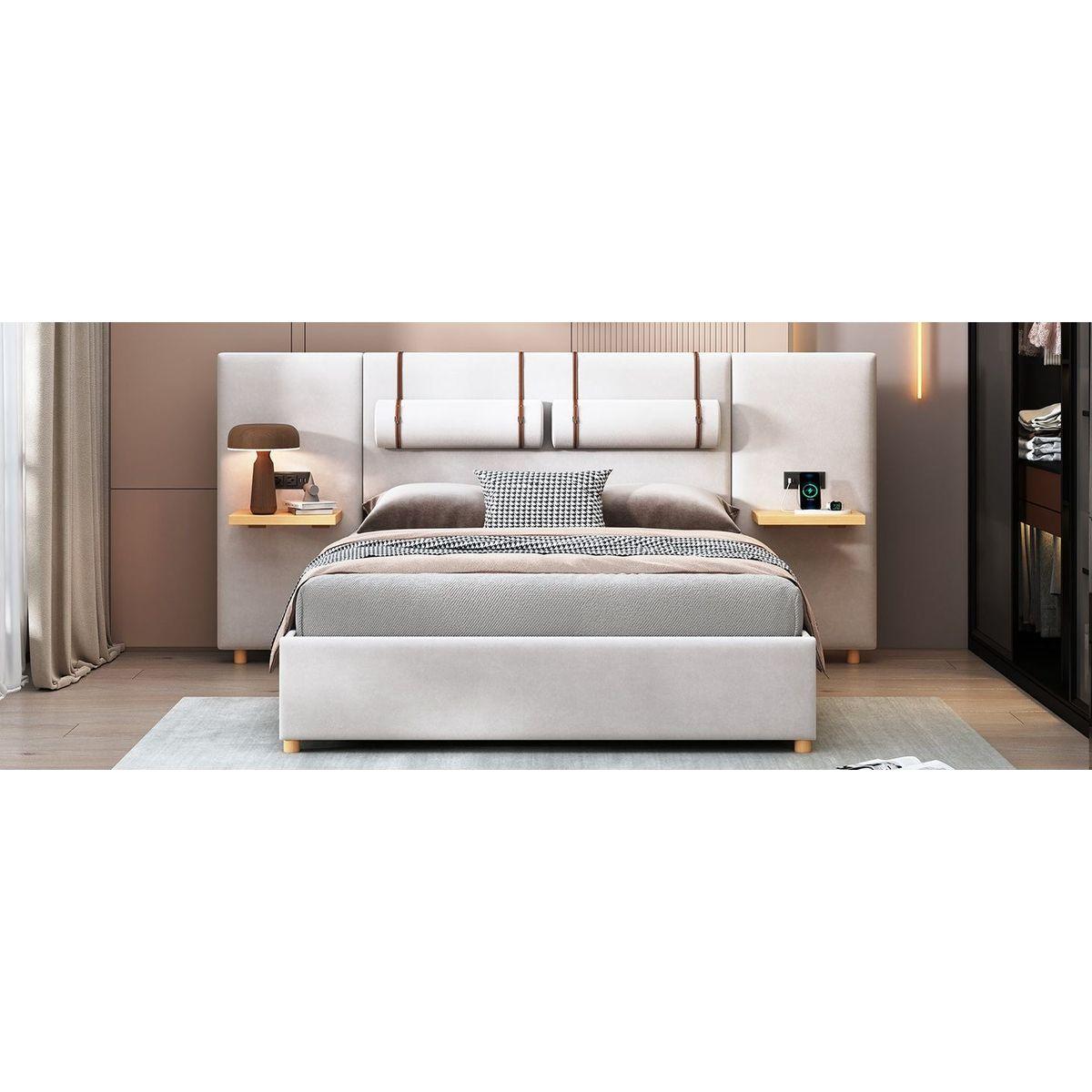 Queen Size Upholstered Platform Bed, Two Outlets and USB Charging Ports on Both Sides, Two Bedside Pillows, Storage Shelves,Velvet, Beige