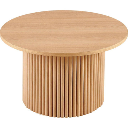 Oak Wood Veneer Tabletop 27.56 Inch Round Coffee Table, Farmhouse Circle Coffee Table MDF Table-top with Metal Base, Sofa Side Table for Living Room, Reception Room