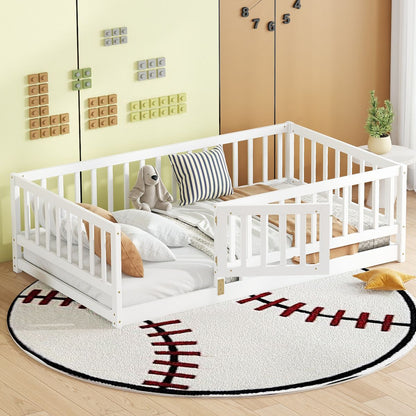 Twin Size Floor Bed with Slats, Montessori Floor Bed with Fence and Door, Kids Montessori Bed Twin Size, Wood Montessori Floor Bed for Kids, Girls, Boys(Twin White)
