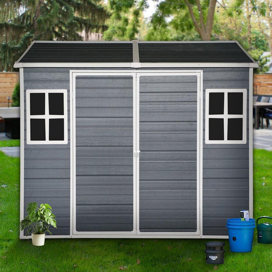 8x6ft Outdoor Resin Garden Shed with Floor and 2 Windows, Plastic Patio Outdoor Storage Shed with Lockable Door for Garden Tools, Bicycles, Trash Cans, Dark Grey