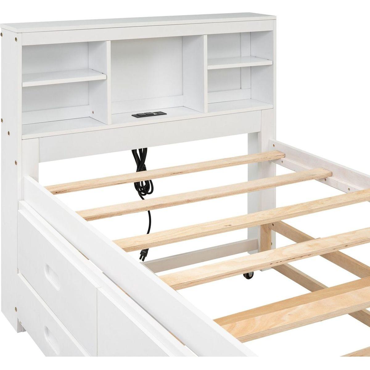 Twin Size Platform Bed with Storage Headboard, USB, Twin Size Trundle and 3 Drawers, White