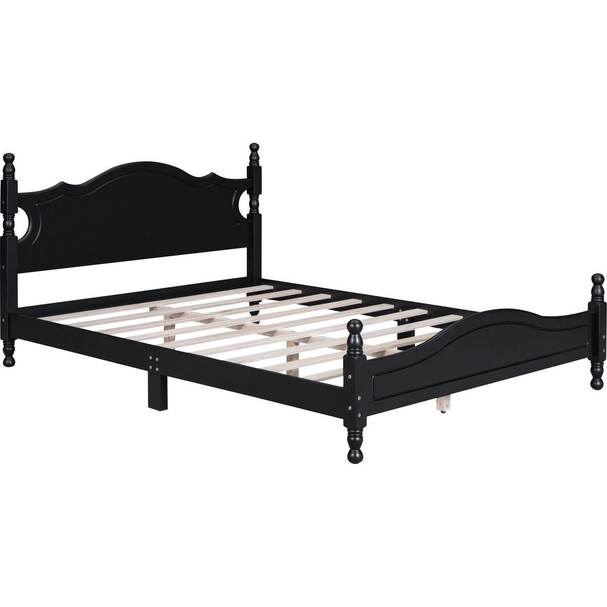Queen Size Wood Platform Bed Frame,Retro Style Platform Bed with Wooden Slat Support,Black