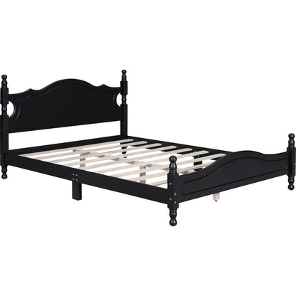 Queen Size Wood Platform Bed Frame,Retro Style Platform Bed with Wooden Slat Support,Black