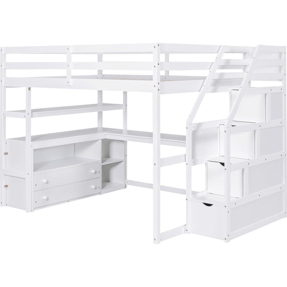 Full Size Loft Bed with Desk and Shelves, Two Built-in Drawers, Storage Staircase, White