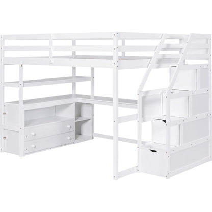 Full Size Loft Bed with Desk and Shelves, Two Built-in Drawers, Storage Staircase, White