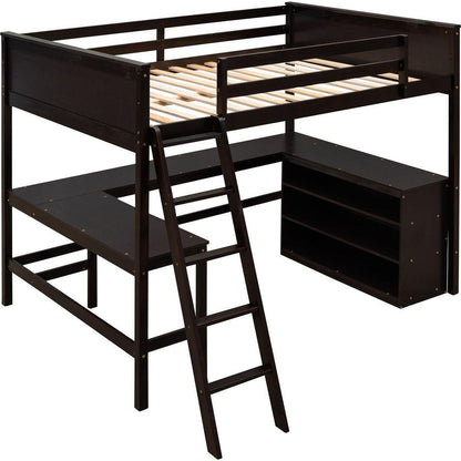 Full size Loft Bed with Shelves and Desk, Wooden Loft Bed with Desk - Espresso