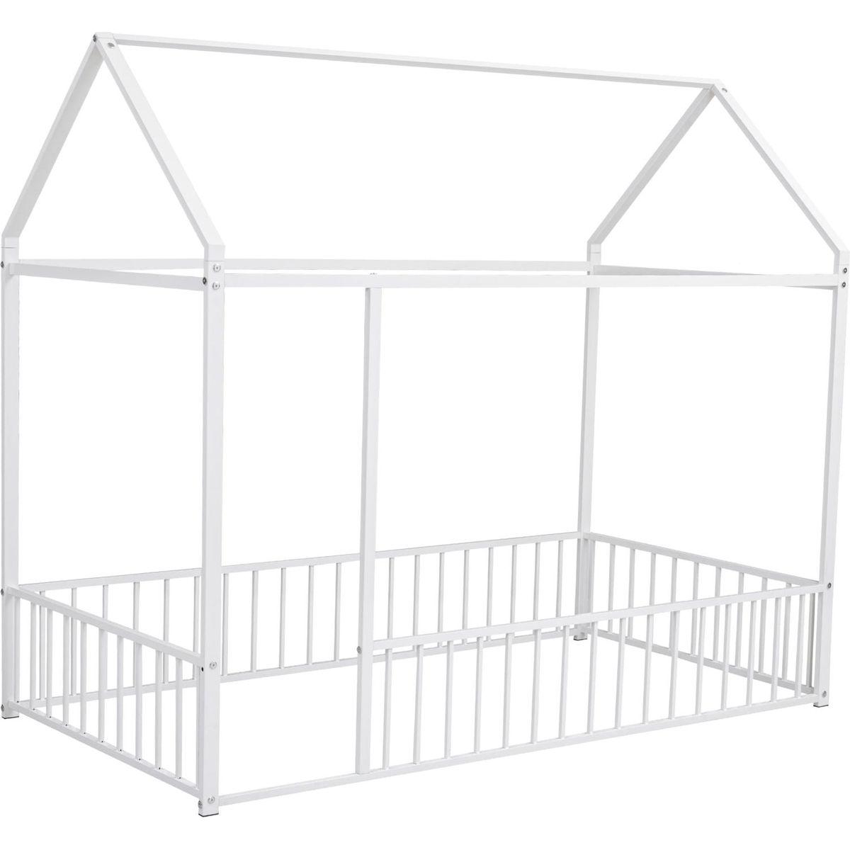 Twin Size Metal Bed House Bed Frame with Fence, for Kids, Teens, Girls, Boys, White