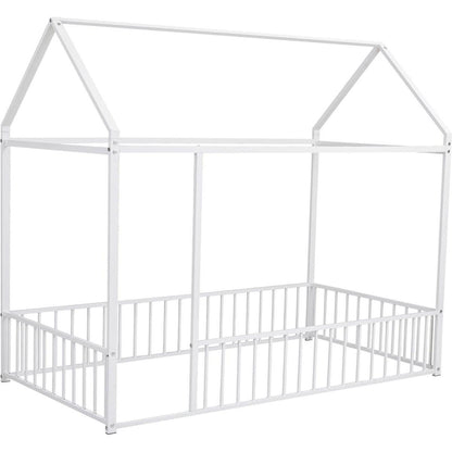 Twin Size Metal Bed House Bed Frame with Fence, for Kids, Teens, Girls, Boys, White