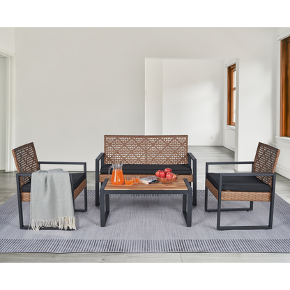 4-Piece Patio Furniture Set Outdoor Balcony Porch Garden Backyard Lawn Furniture Acacia Wood Table Top, Morden Black and Light Brown