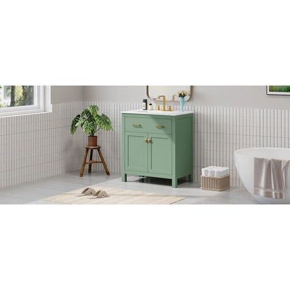 30-inch Bathroom Vanity with Ceramic Sink, Modern Green Single Bathroom Cabinet with 2 Doors and a Shelf, Soft Close Doors