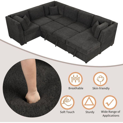 108.6" U-shaped Sectional Sofa Pull out Sofa Bed with Two USB Ports, Two Power Sockets, Three Back Pillows and a Storage Chaise for Living Room, Black