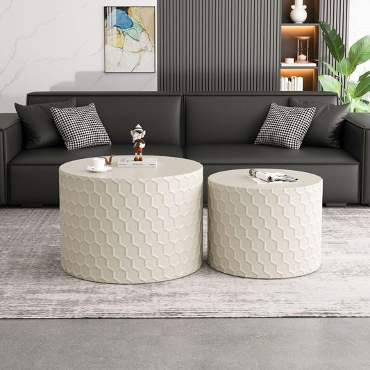 Stylish and Minimalist Nesting Coffee Table Set with Honeycomb Design, Modern Round Coffee Table, Drum Circle Coffee Table for Living Room, Bedroom, Beige(Set of 2 Pieces)