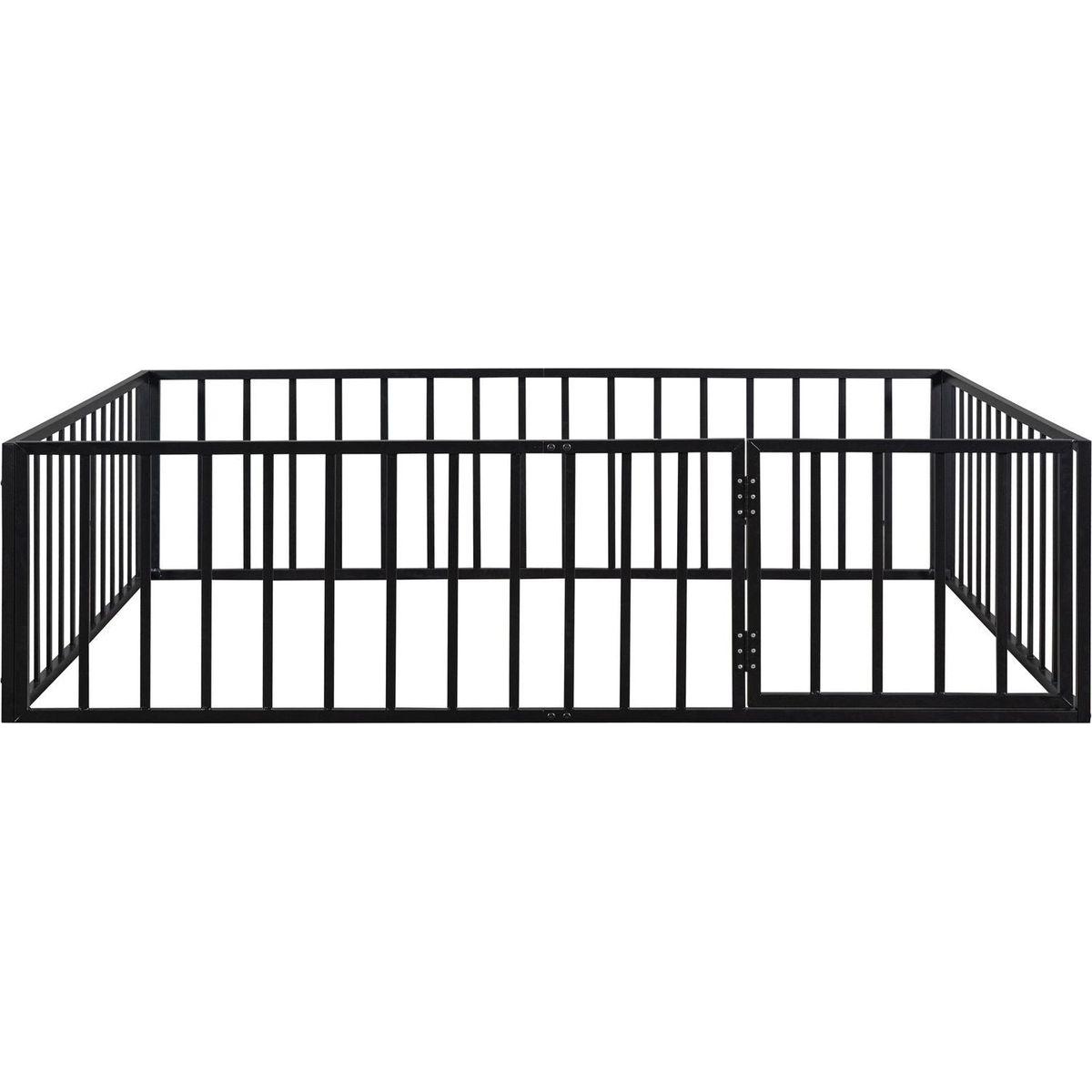 Queen Size Metal Floor Bed Frame with Fence and Door, Black