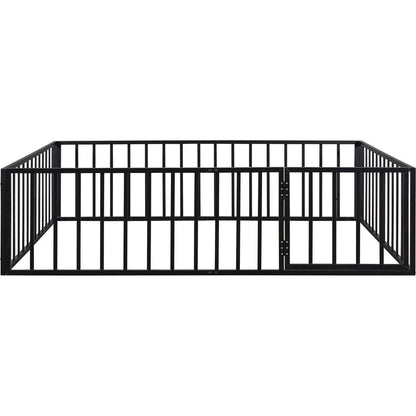 Queen Size Metal Floor Bed Frame with Fence and Door, Black