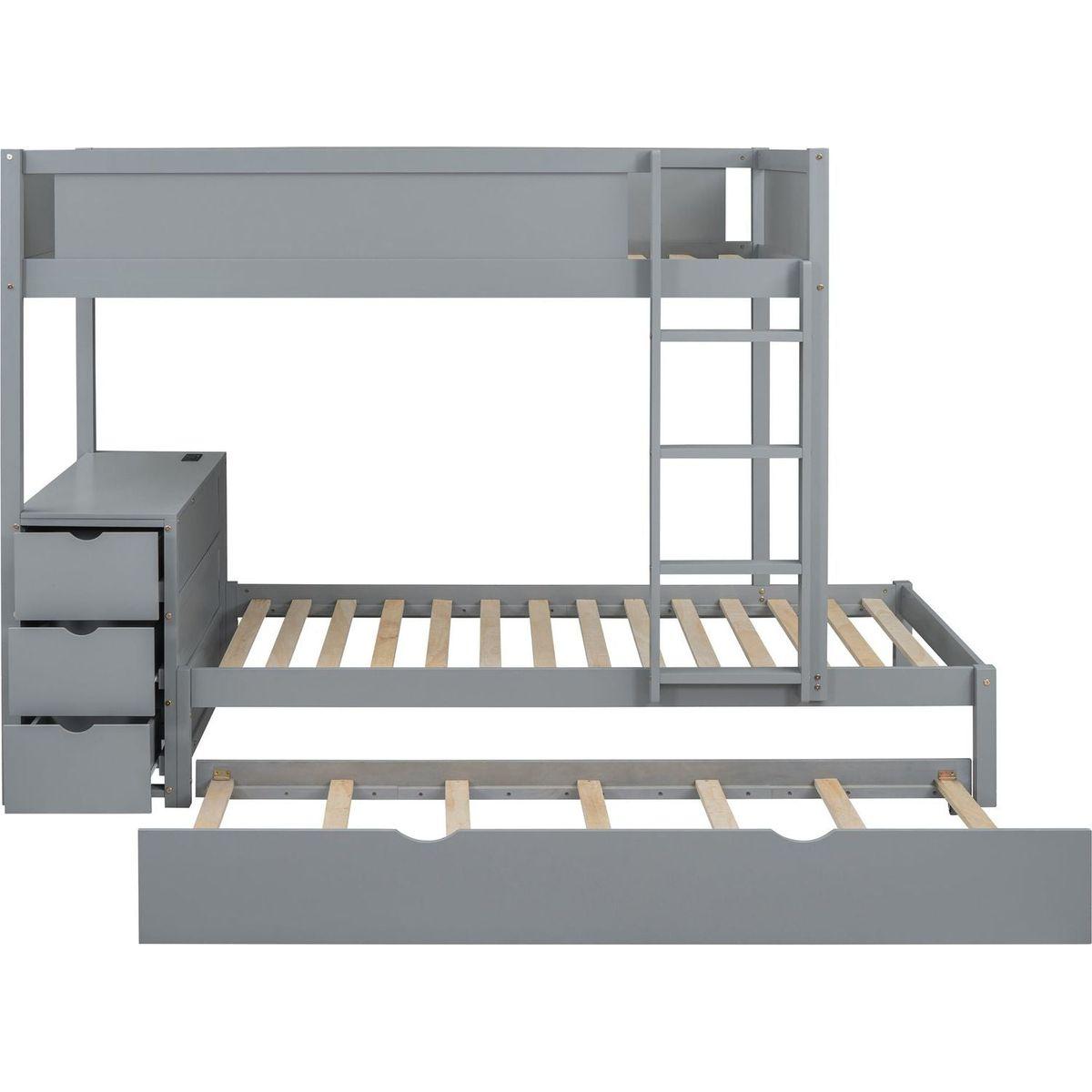 Twin-Over-Twin Bunk Bed with Twin size Trundle, Storage and Desk, Gray