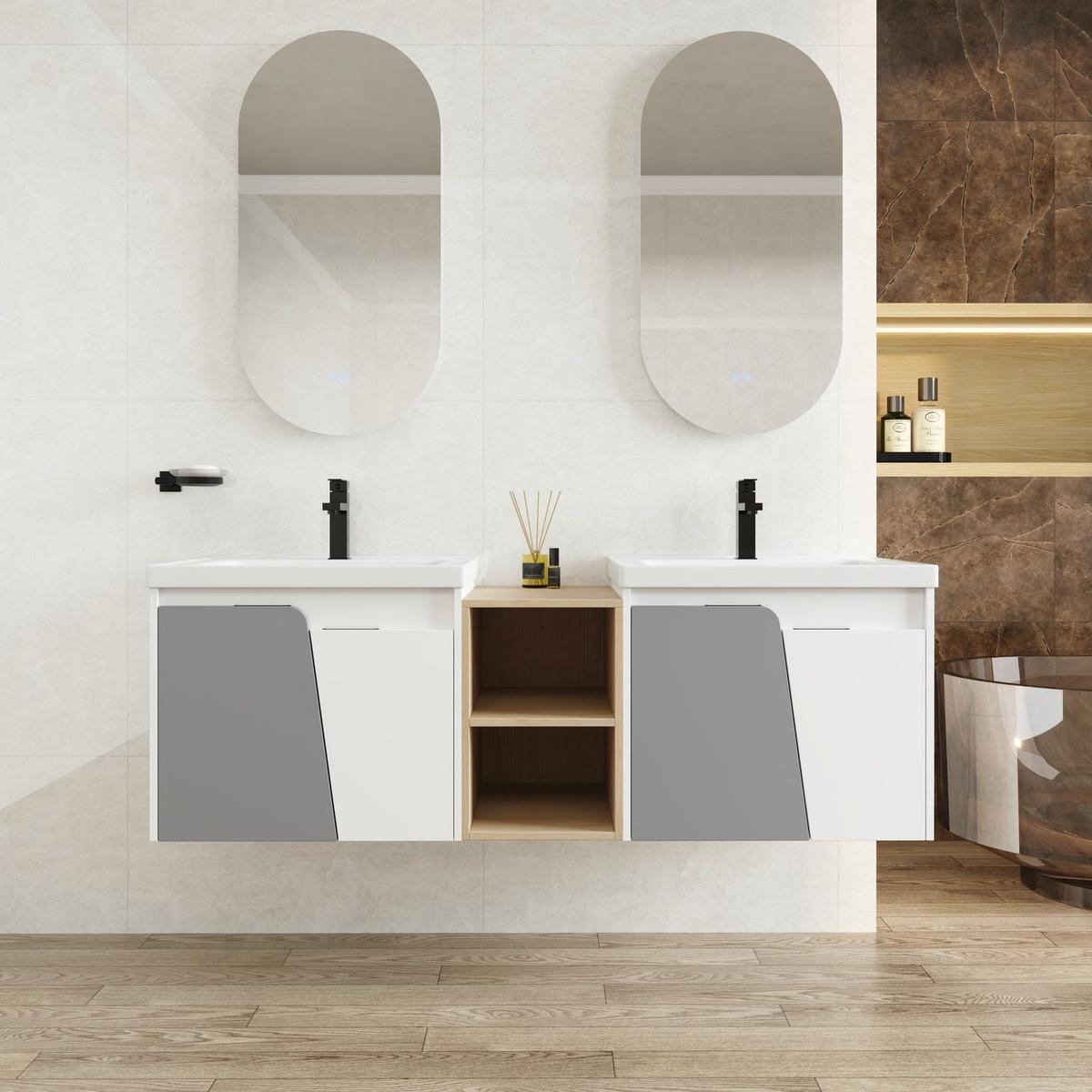 60 Inch Wall-Mounted Bathroom Vanity With Sink,, and A Small Storage Shelves (KD-Packing)