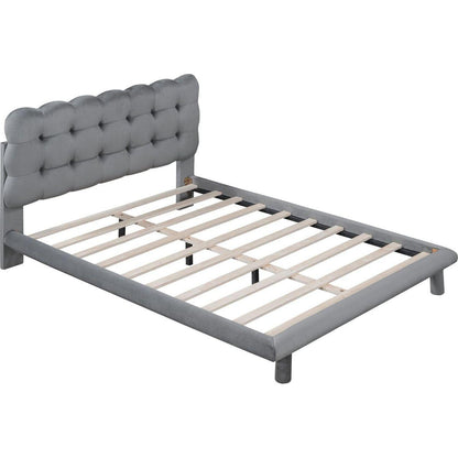 Full Size Velvet Platform Bed with LED Frame, Thick & Soft Fabric and Button-tufted Design Headboard, Gray