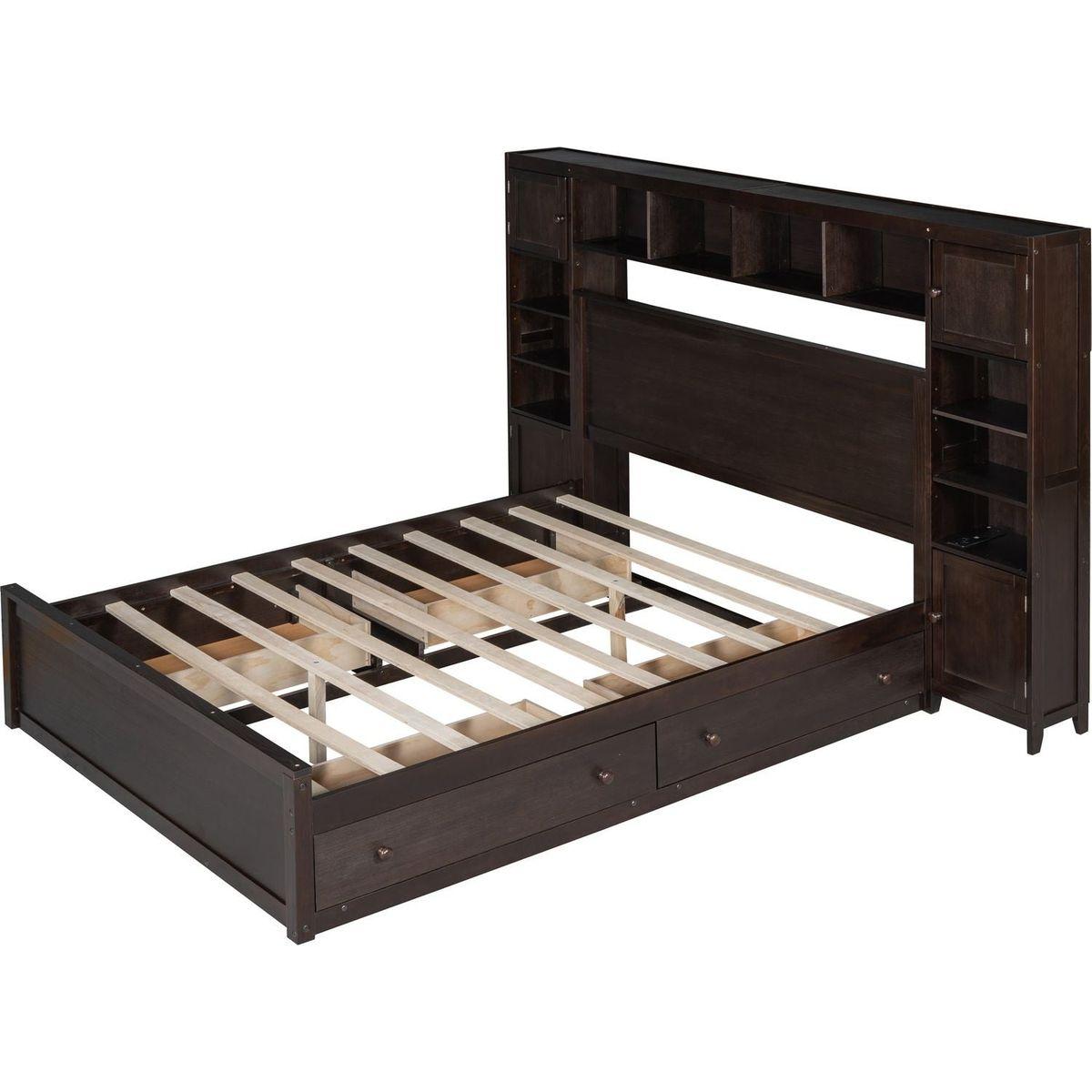 Queen Size Wooden Bed With All-in-One Cabinet, Shelf and Sockets, Espresso