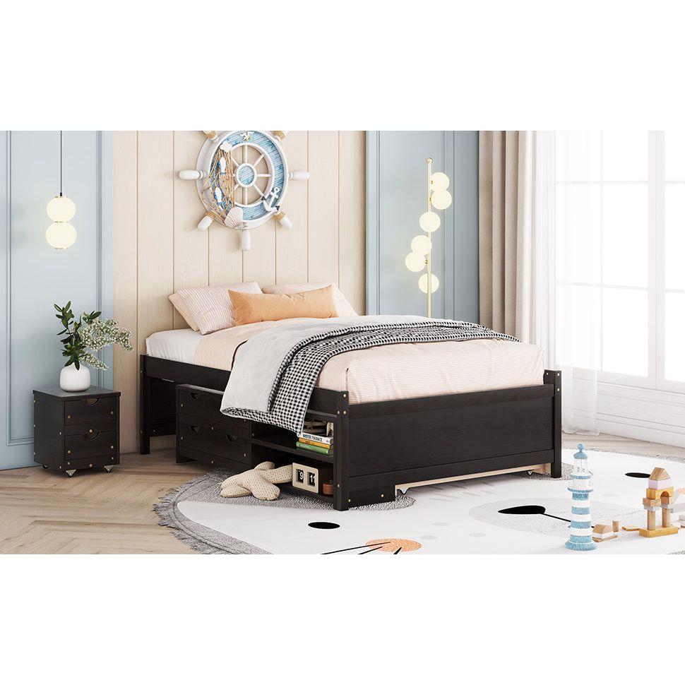 Versatile Full Bed with Trundle,Under bed Storage Box and Nightstand .Espresso