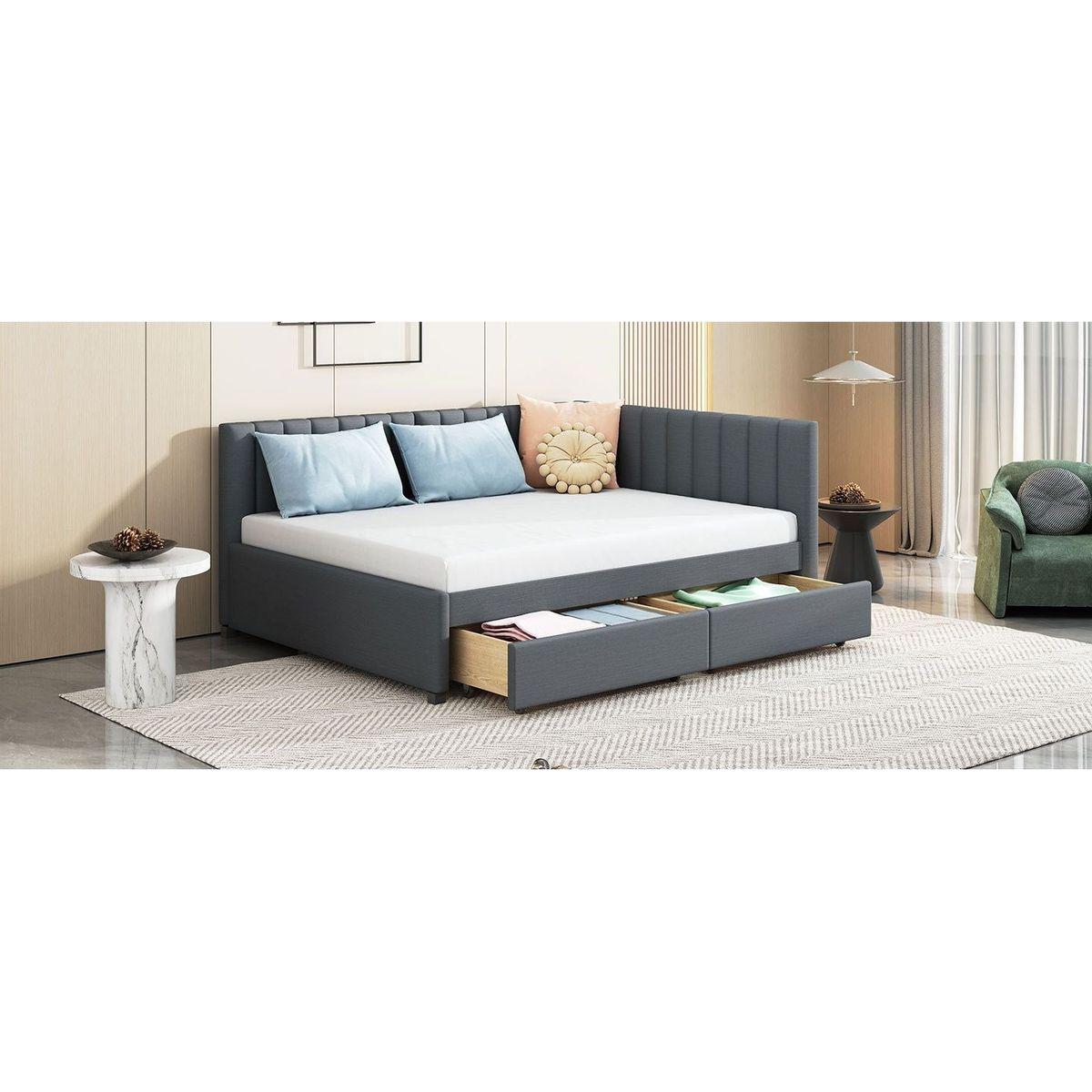 Full Size Upholstered Daybed with 2 Storage Drawers Sofa Bed Frame No Box Spring Needed, Linen Fabric (Gray)