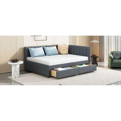 Full Size Upholstered Daybed with 2 Storage Drawers Sofa Bed Frame No Box Spring Needed, Linen Fabric (Gray)