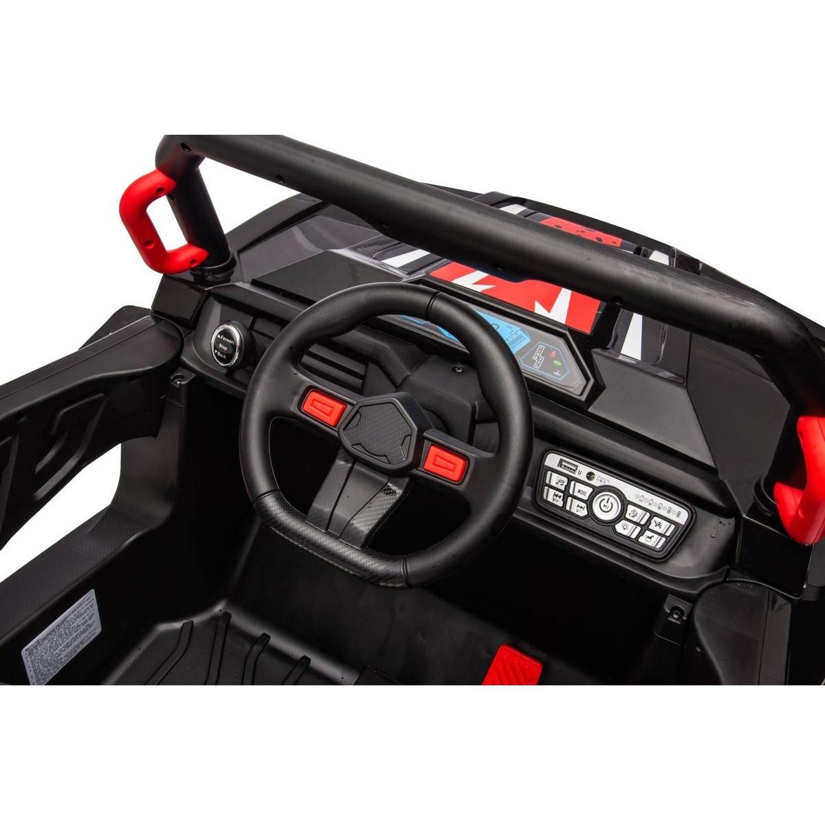 12v7ax2 30wx4 Four-wheel drive leather seat one button start,forward and backward, high and low speed, music, front light, power display, two doors can open, 2.4G R/C, seat belt four wheel absorber